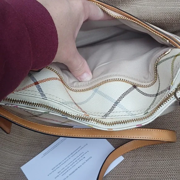 Coach Multi Color Plaid Tattersall Larger Crossbody Bag with Tan Leather Accents - Picture 9 of 17